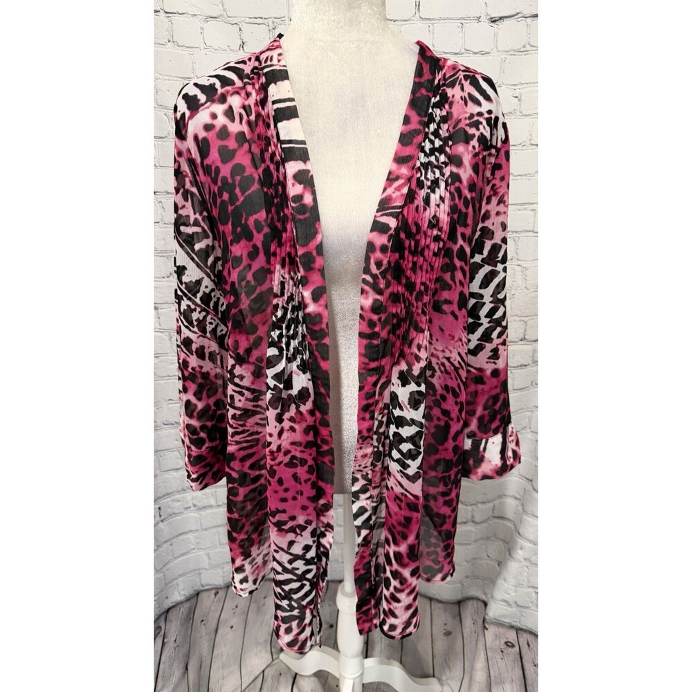 Susan Graver QVC Women’s Open Front Sheer Pink & Black Animal Print Cardigan XL